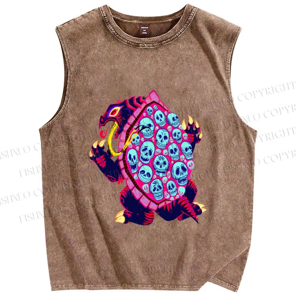 Unisex Turtle Monster With Skulls Printed Washed Tank Top