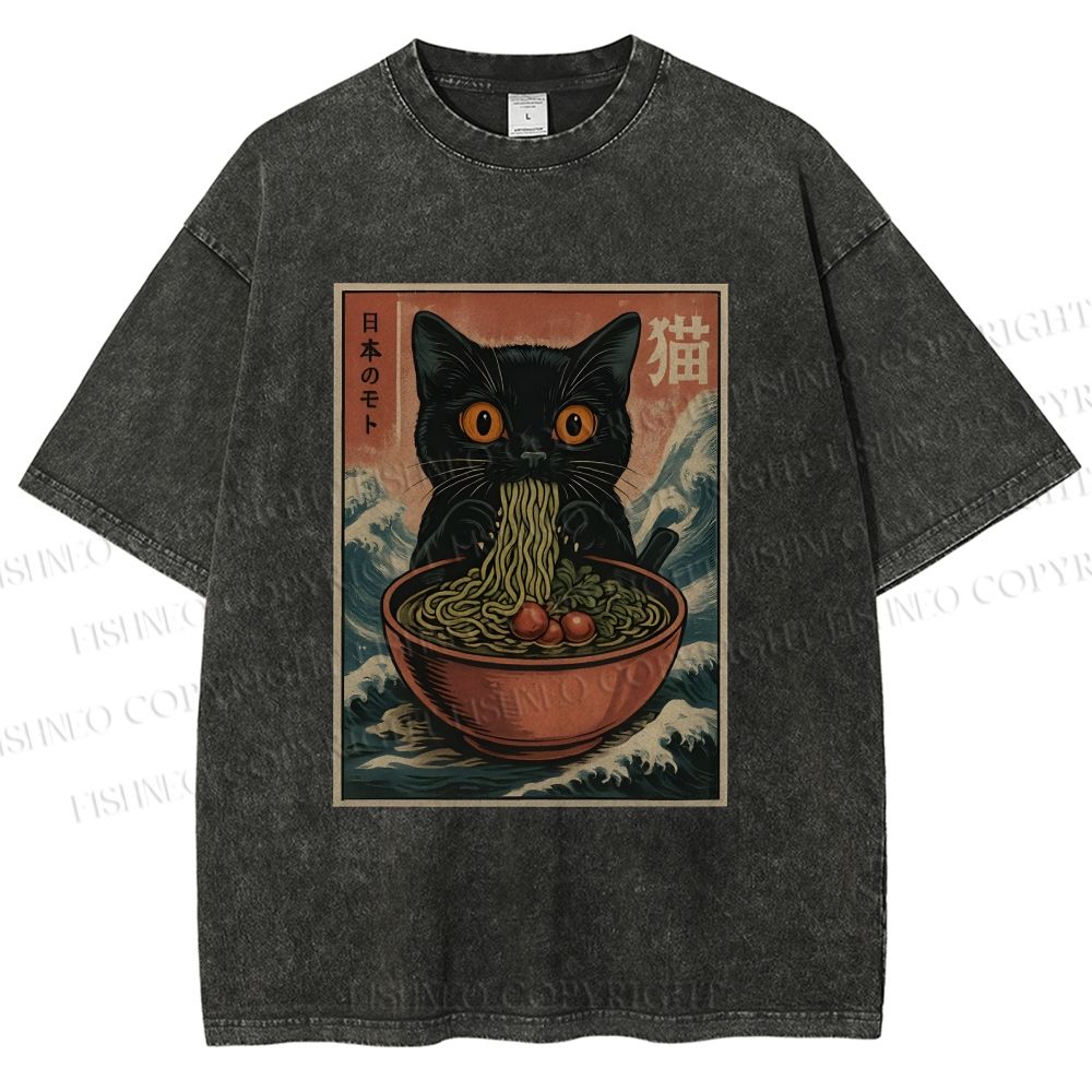 Unisex Japanese Wave Ramen Cat Printed Washed Tee
