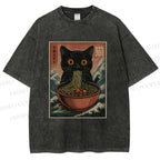 Unisex Japanese Wave Ramen Cat Printed Washed Tee