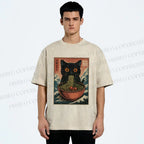 Unisex Japanese Wave Ramen Cat Printed Washed Tee