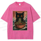 Unisex Japanese Wave Ramen Cat Printed Washed Tee