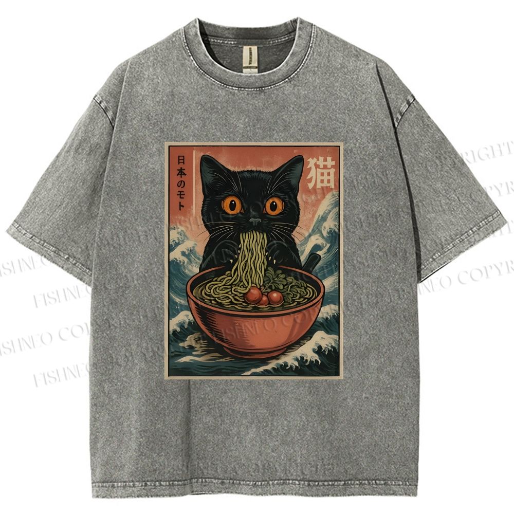 Unisex Japanese Wave Ramen Cat Printed Washed Tee