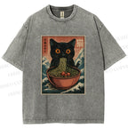 Unisex Japanese Wave Ramen Cat Printed Washed Tee