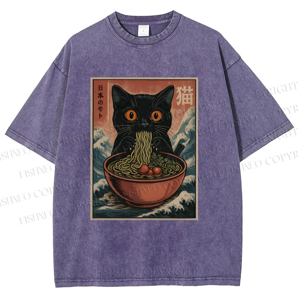 Unisex Japanese Wave Ramen Cat Printed Washed Tee