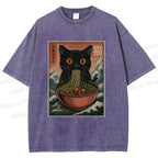 Unisex Japanese Wave Ramen Cat Printed Washed Tee