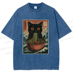 Unisex Japanese Wave Ramen Cat Printed Washed Tee
