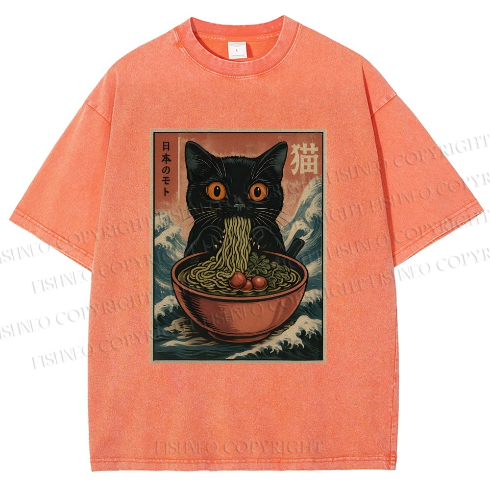 Unisex Japanese Wave Ramen Cat Printed Washed Tee