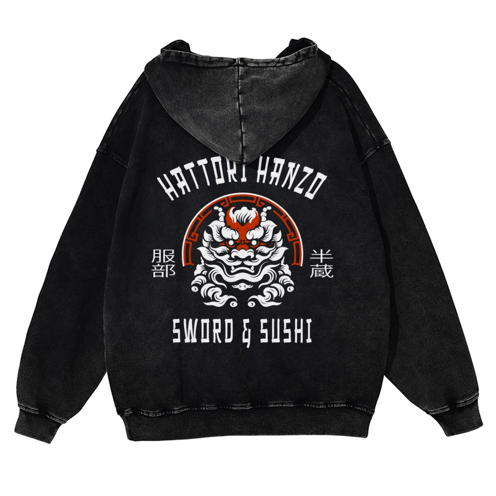 Hattori Hanzo Komainu Vintage Washed Cotton Back Art Hoodie