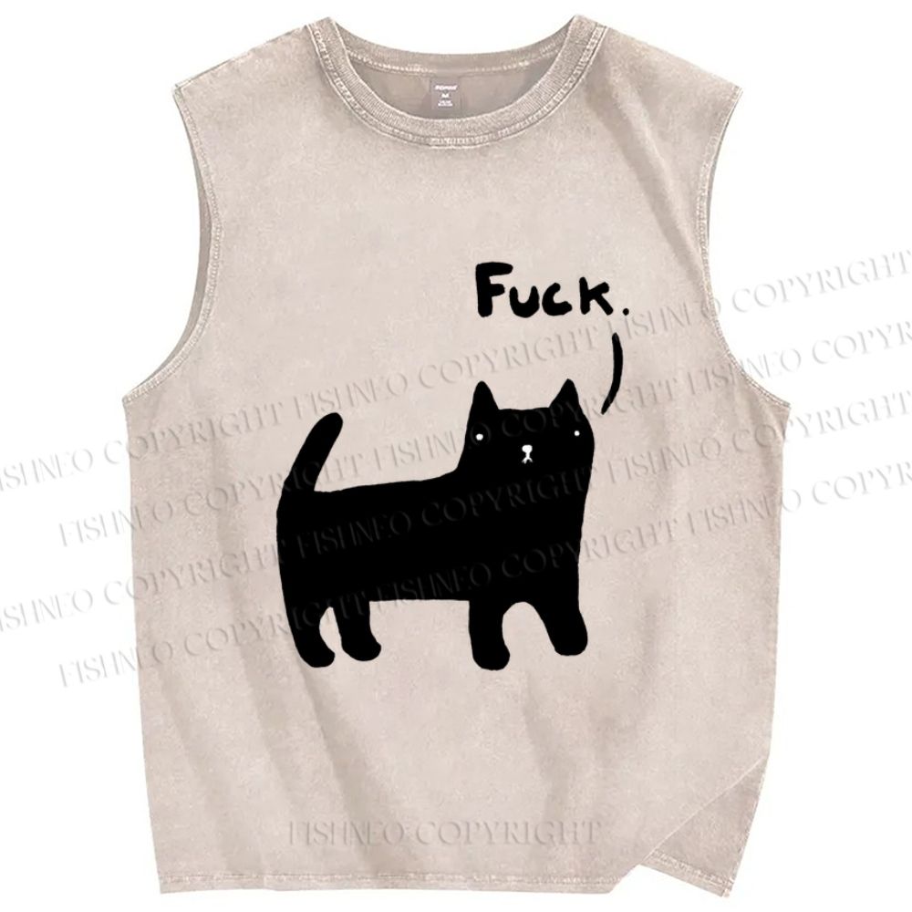 Unisex Fuck Cat Printed Washed Tank Top