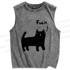 Unisex Fuck Cat Printed Washed Tank Top