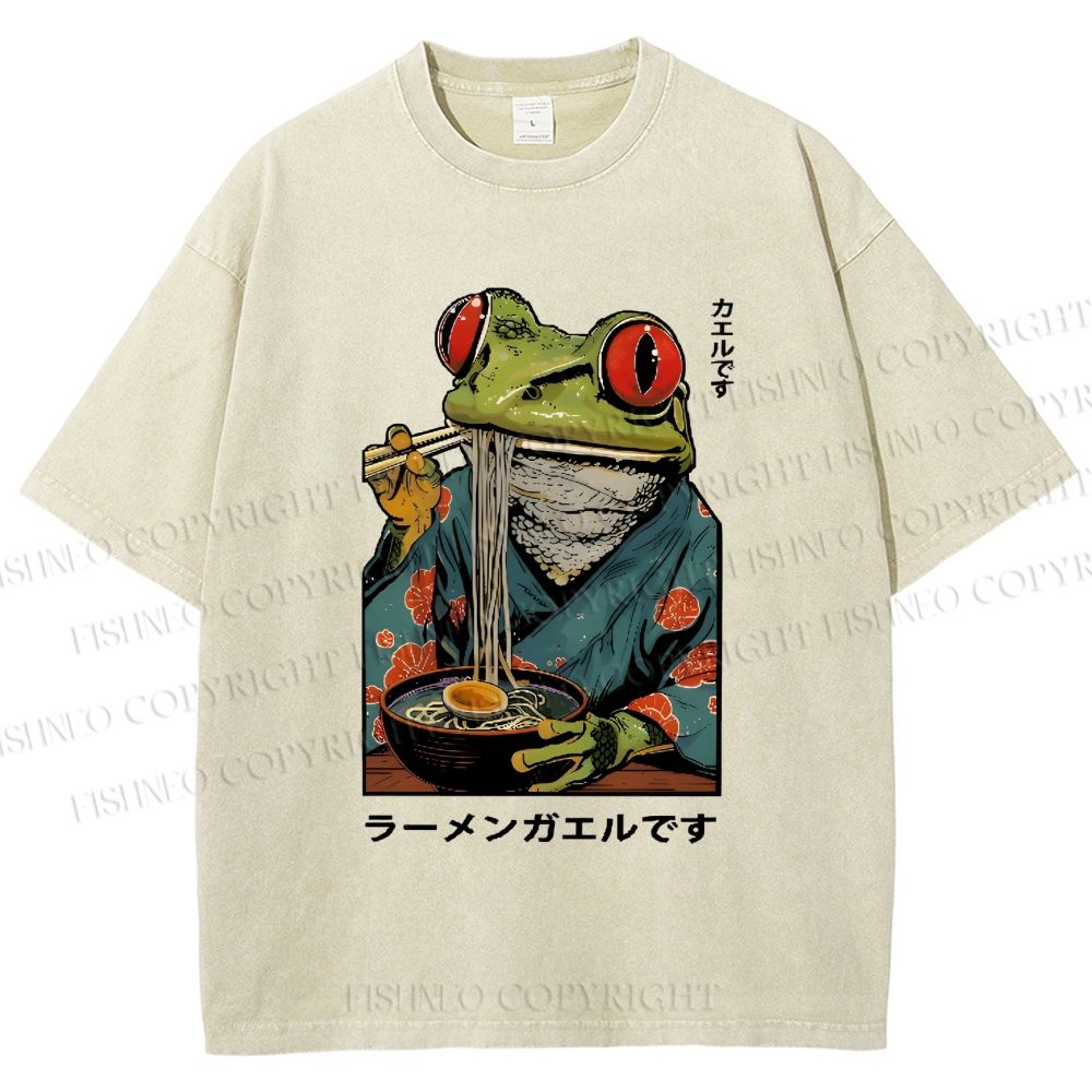 Unisex Frog Eating Ramen Printed Washed Tee