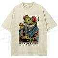 Unisex Frog Eating Ramen Printed Washed Tee