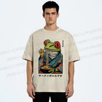 Unisex Frog Eating Ramen Printed Washed Tee