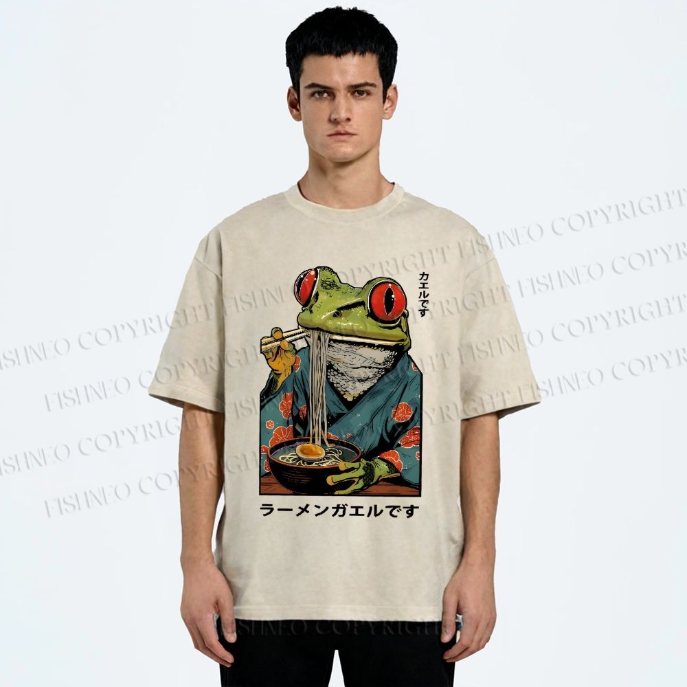 Unisex Frog Eating Ramen Printed Washed Tee