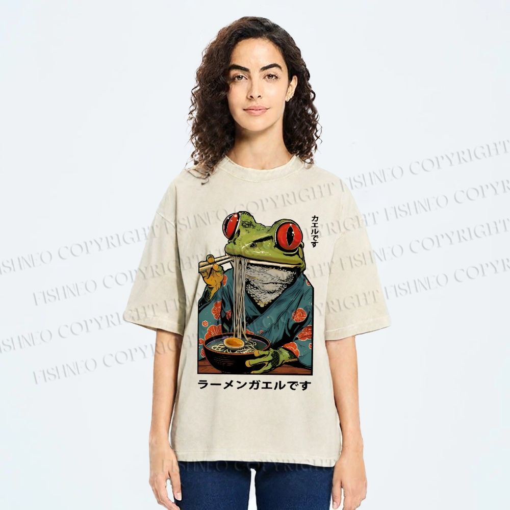 Unisex Frog Eating Ramen Printed Washed Tee