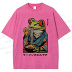 Unisex Frog Eating Ramen Printed Washed Tee