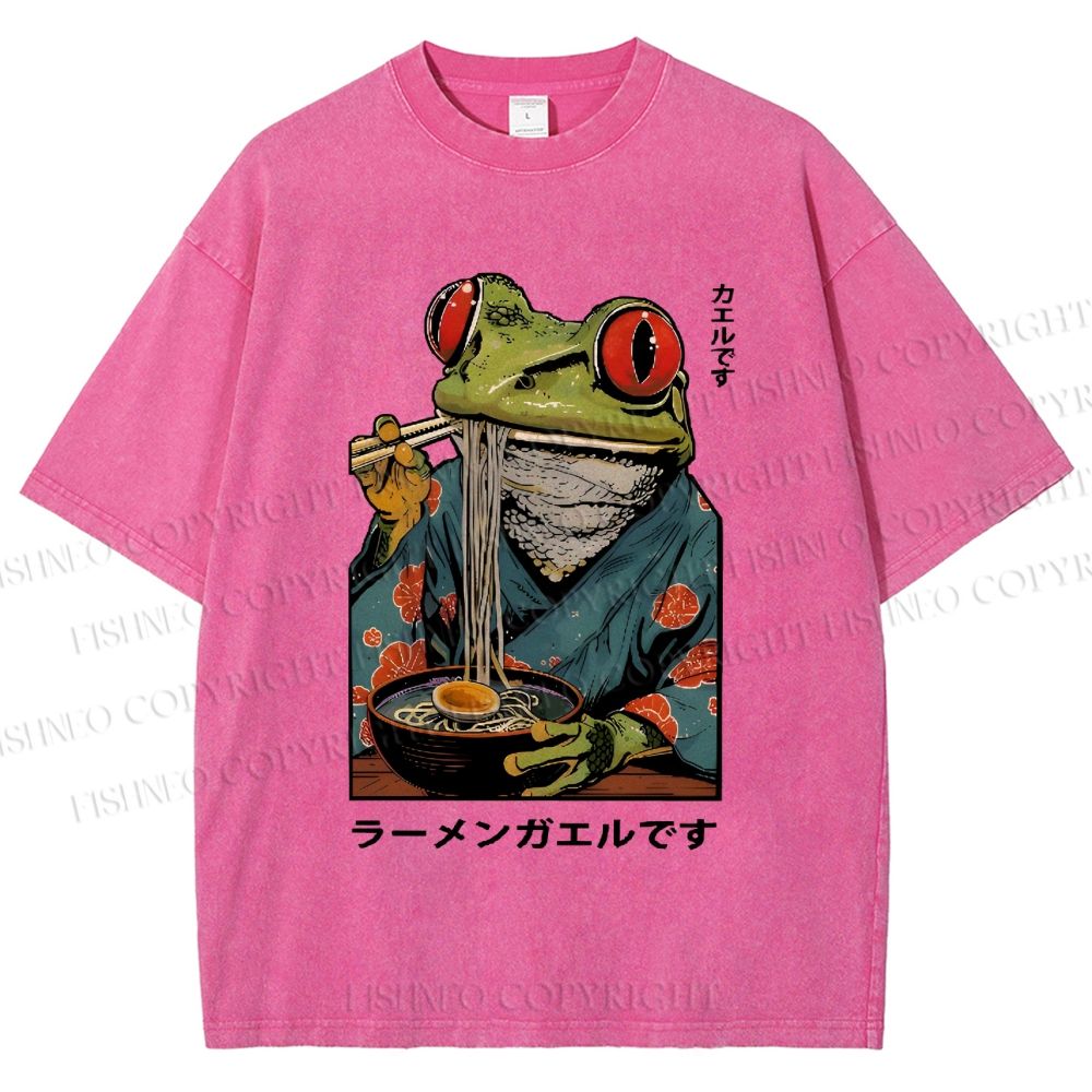 Unisex Frog Eating Ramen Printed Washed Tee