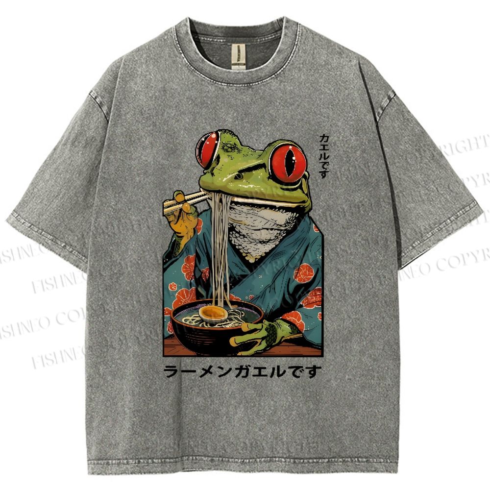 Unisex Frog Eating Ramen Printed Washed Tee
