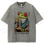 Unisex Frog Eating Ramen Printed Washed Tee