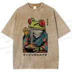 Unisex Frog Eating Ramen Printed Washed Tee