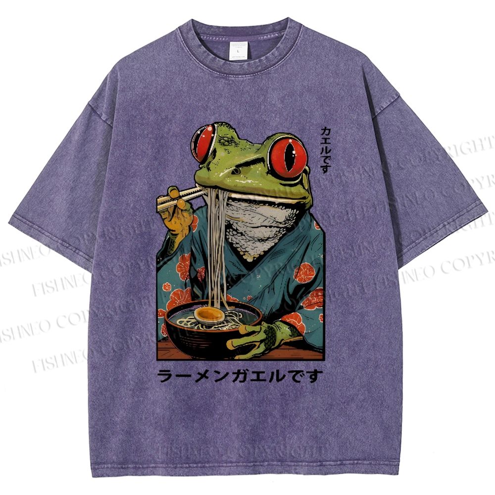 Unisex Frog Eating Ramen Printed Washed Tee