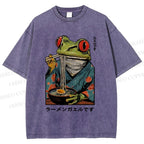 Unisex Frog Eating Ramen Printed Washed Tee