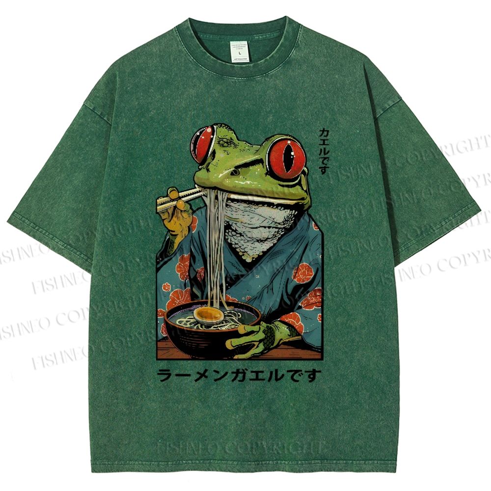 Unisex Frog Eating Ramen Printed Washed Tee