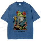 Unisex Frog Eating Ramen Printed Washed Tee