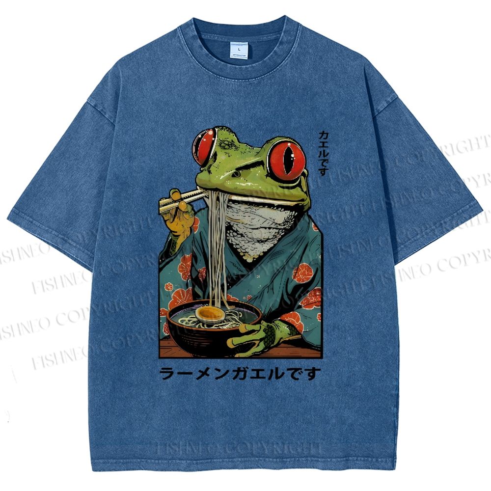 Unisex Frog Eating Ramen Printed Washed Tee