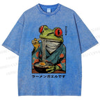 Unisex Frog Eating Ramen Printed Washed Tee