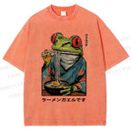 Unisex Frog Eating Ramen Printed Washed Tee