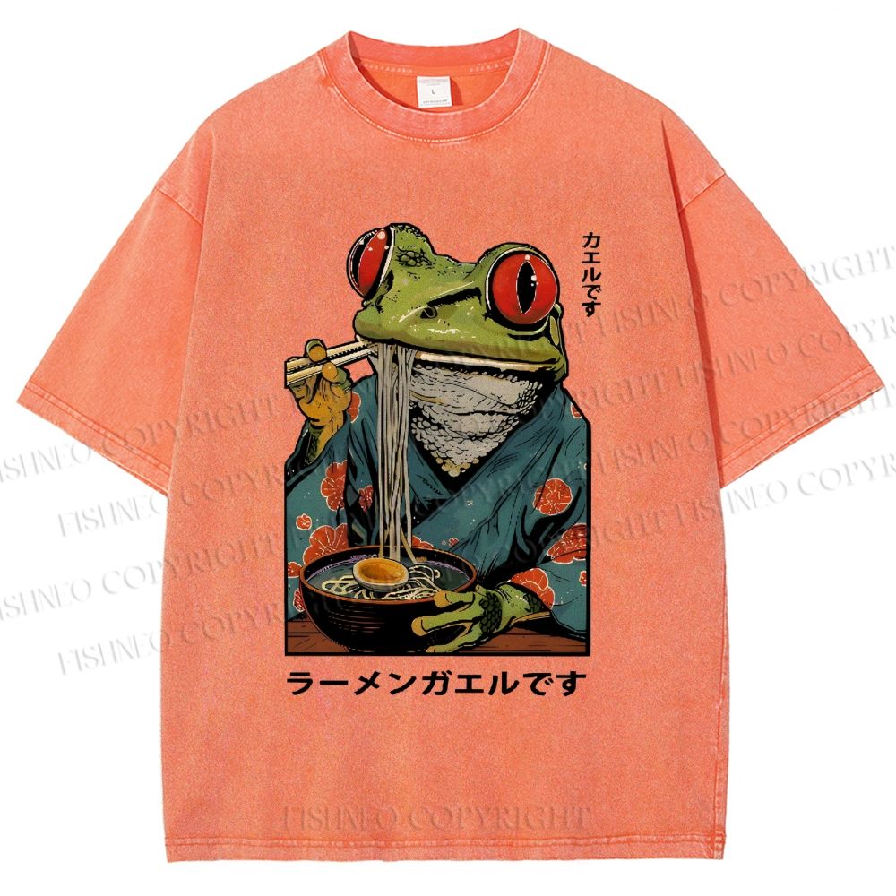 Unisex Frog Eating Ramen Printed Washed Tee