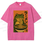 Unisex Frog Eating Ramen Printed Washed Tee