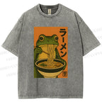 Unisex Frog Eating Ramen Printed Washed Tee