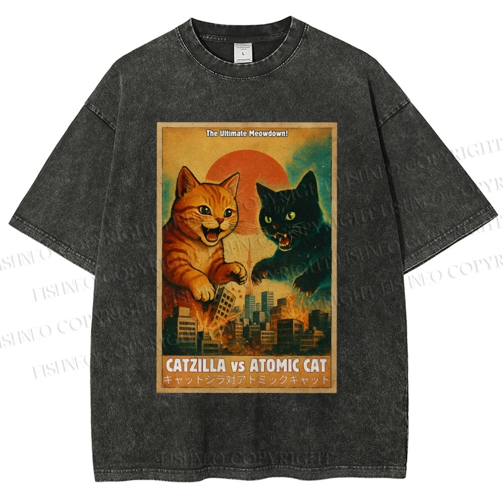 Unisex Catzilla vs Atomic Cat Printed Washed Tee