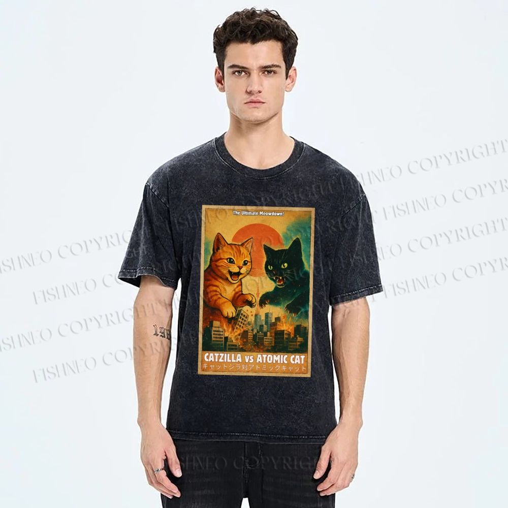 Unisex Catzilla vs Atomic Cat Printed Washed Tee