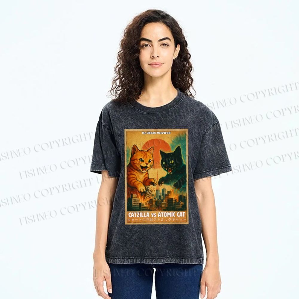 Unisex Catzilla vs Atomic Cat Printed Washed Tee