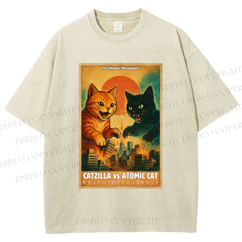Unisex Catzilla vs Atomic Cat Printed Washed Tee
