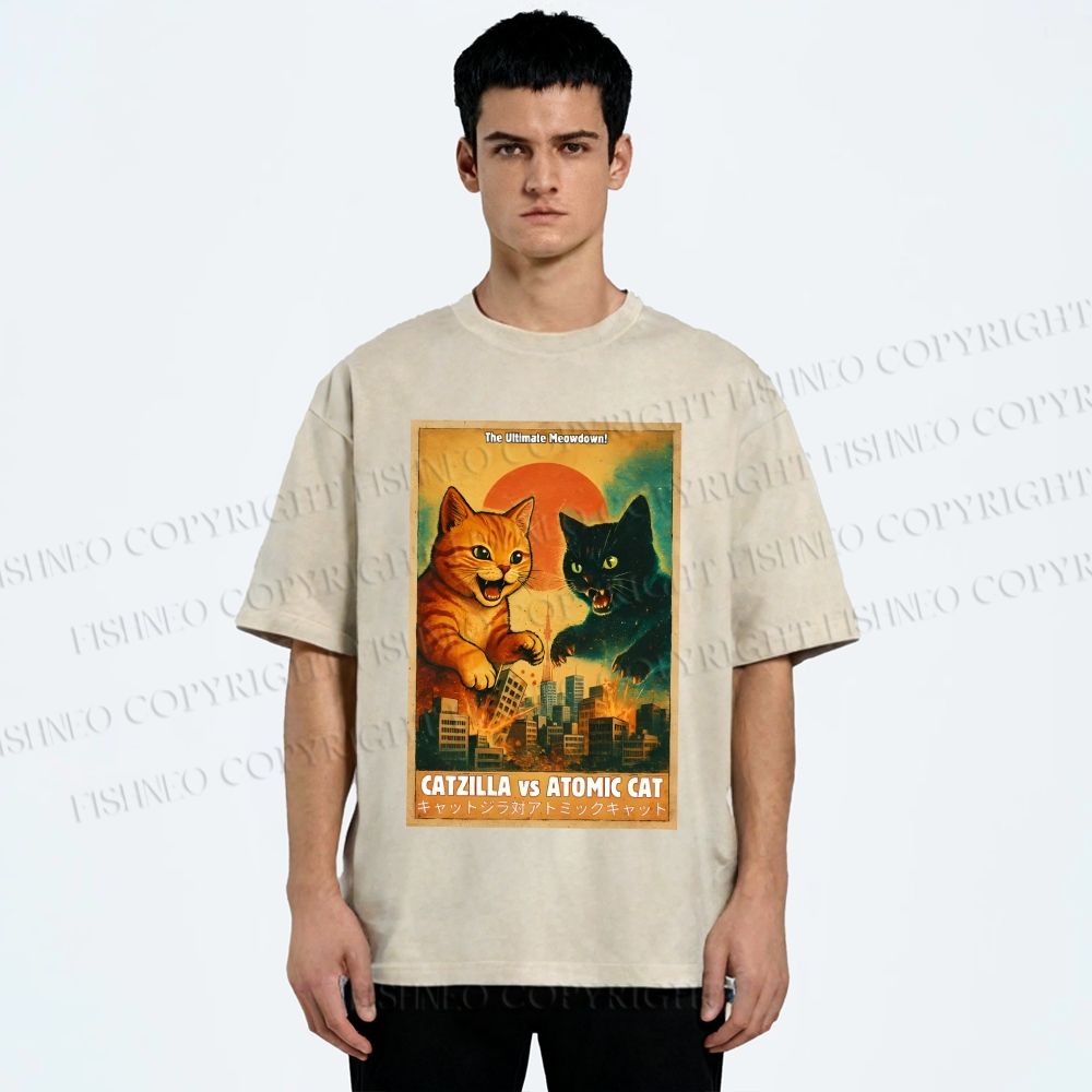 Unisex Catzilla vs Atomic Cat Printed Washed Tee