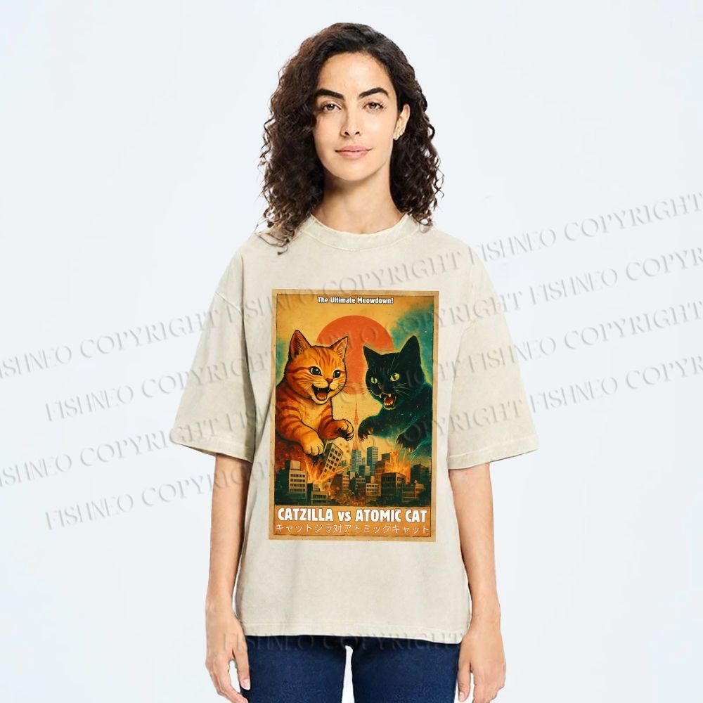 Unisex Catzilla vs Atomic Cat Printed Washed Tee