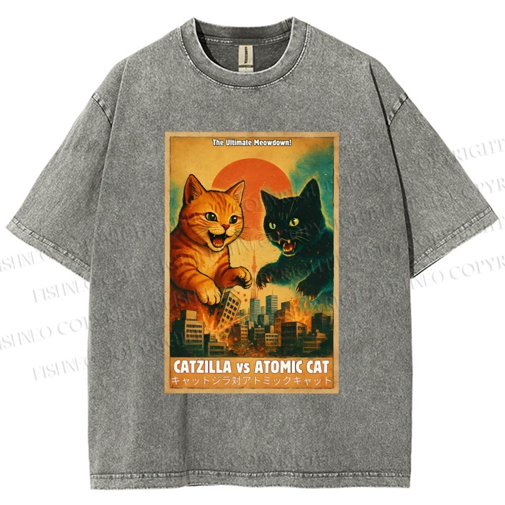 Unisex Catzilla vs Atomic Cat Printed Washed Tee