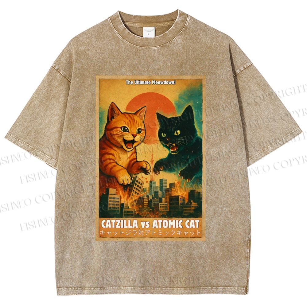 Unisex Catzilla vs Atomic Cat Printed Washed Tee