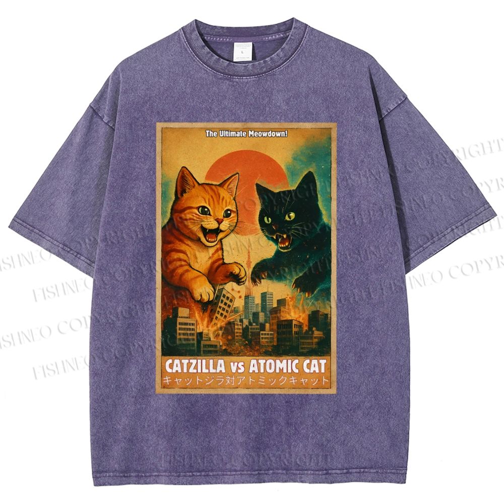 Unisex Catzilla vs Atomic Cat Printed Washed Tee