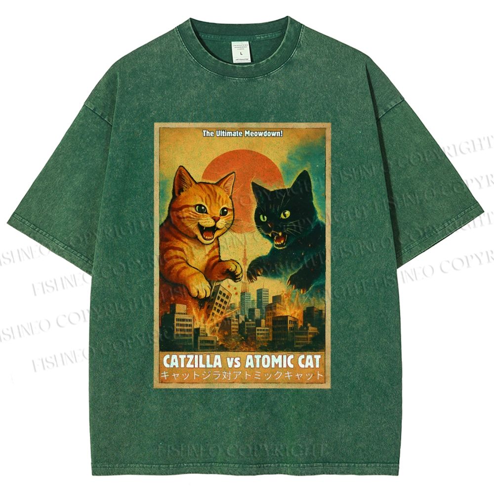 Unisex Catzilla vs Atomic Cat Printed Washed Tee