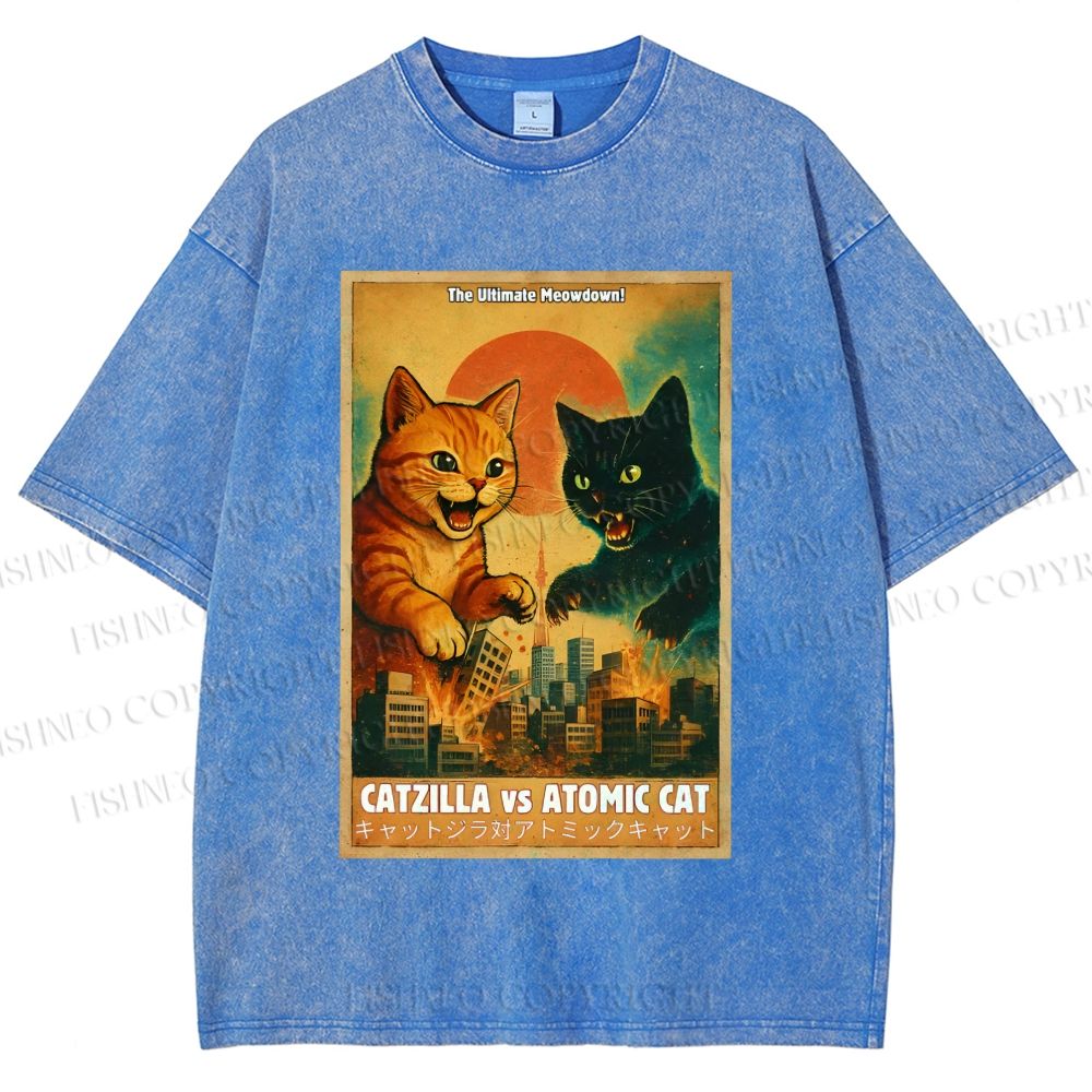 Unisex Catzilla vs Atomic Cat Printed Washed Tee