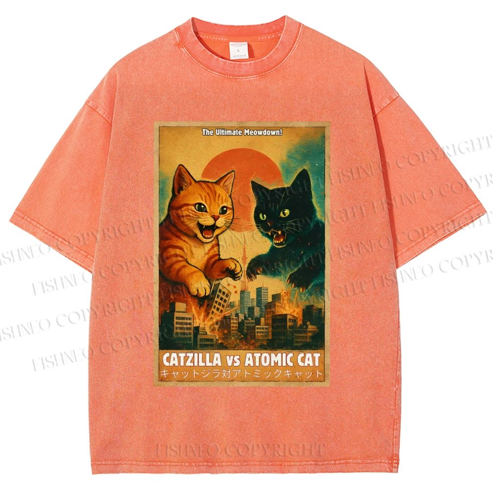 Unisex Catzilla vs Atomic Cat Printed Washed Tee