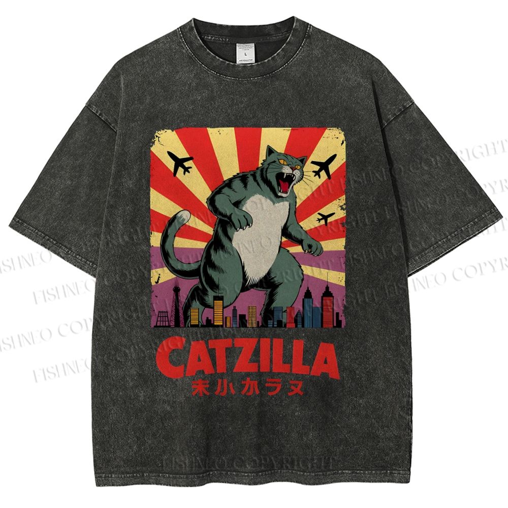 Unisex Catzilla Printed Washed Tee