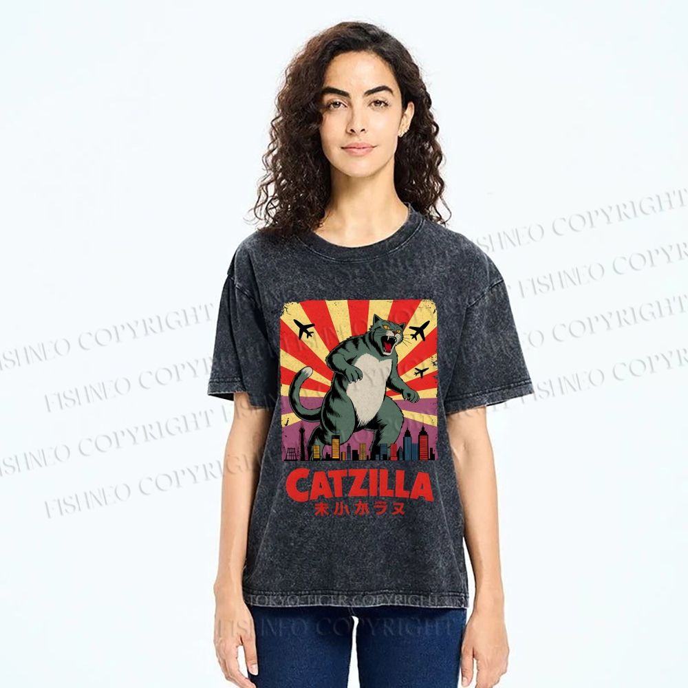 Unisex Catzilla Printed Washed Tee