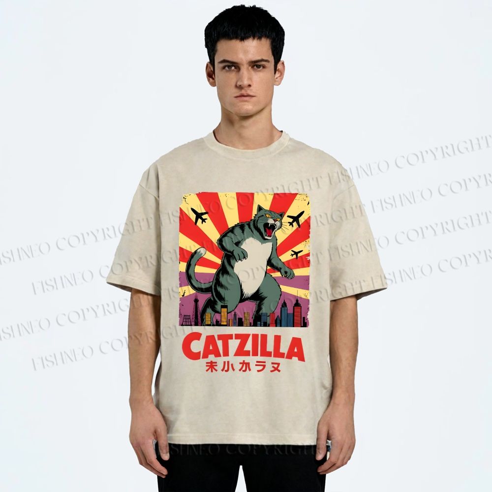 Unisex Catzilla Printed Washed Tee