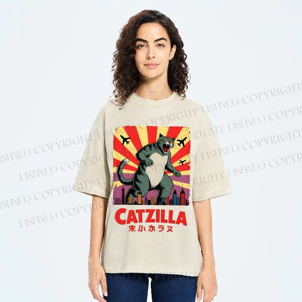 Unisex Catzilla Printed Washed Tee